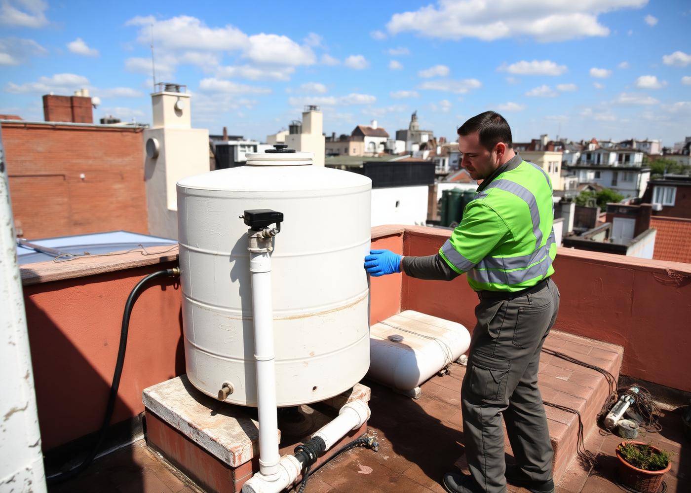 Técnico realizando mantenimiento de un tanque de agua en una terraza